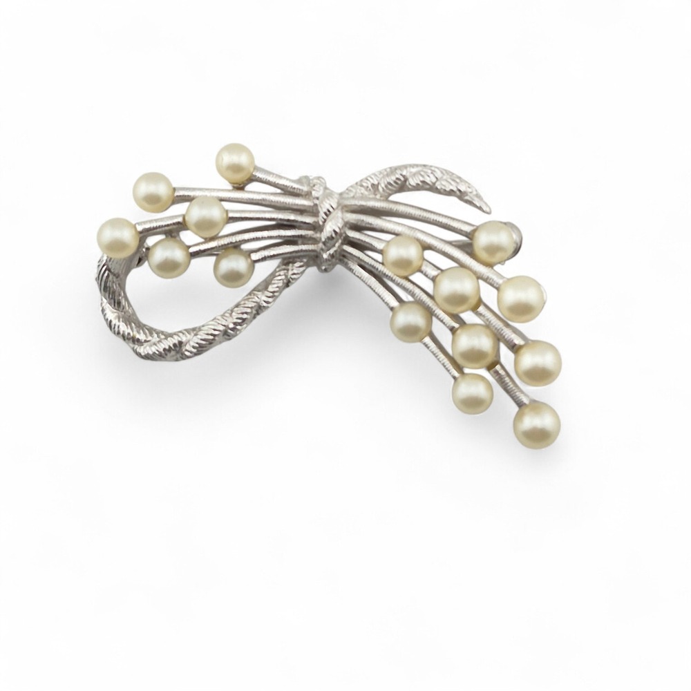 Vintage Crown Trifari Faux Pearl Spray Brooch Silver Tone Floral Branch Signed